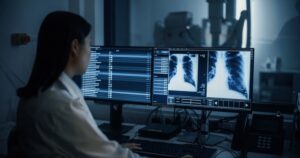 Medical radiation technologist reviewing chest X-ray images on dual monitors in a darkened reading room